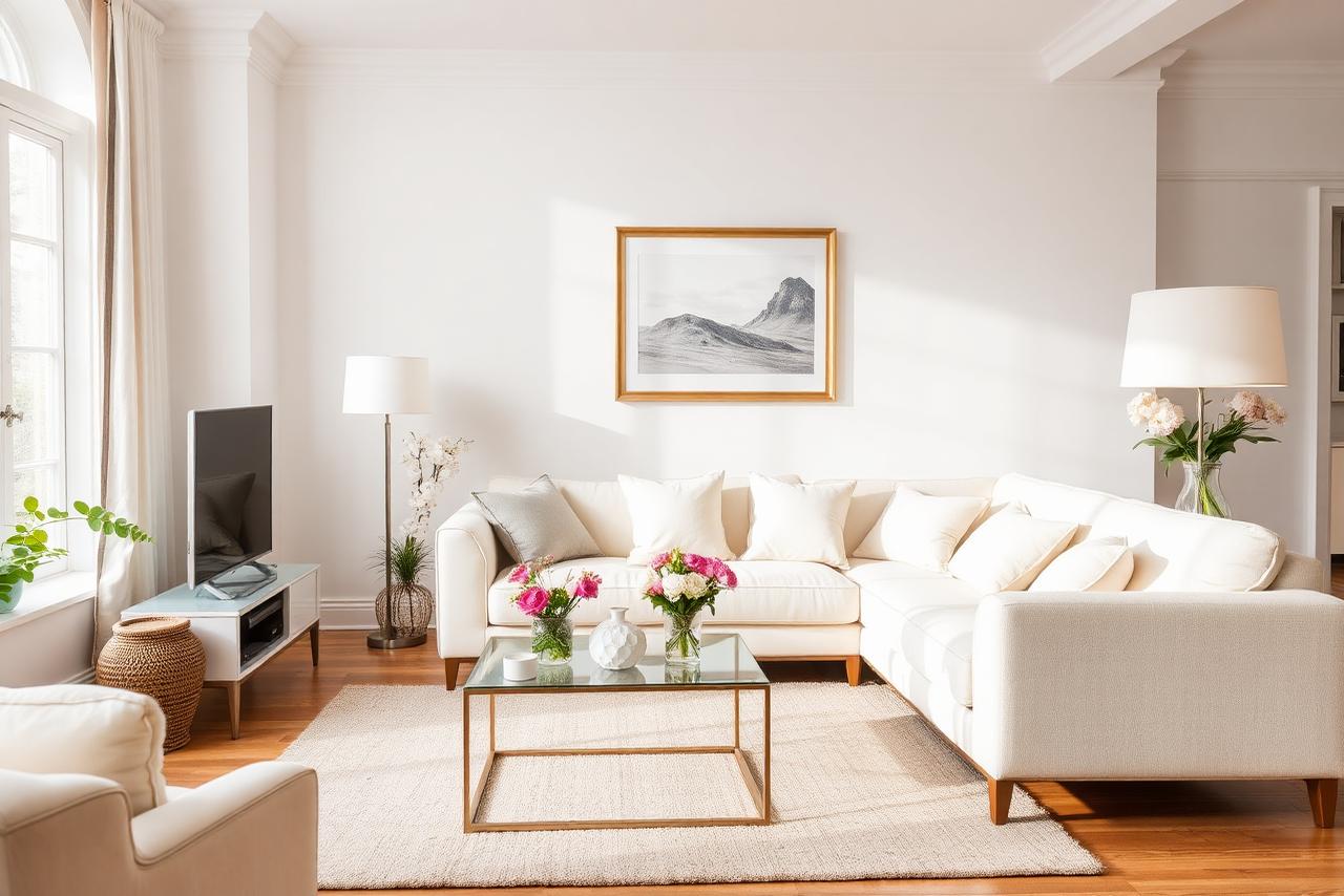 Bright, tidy living room with fresh flowers