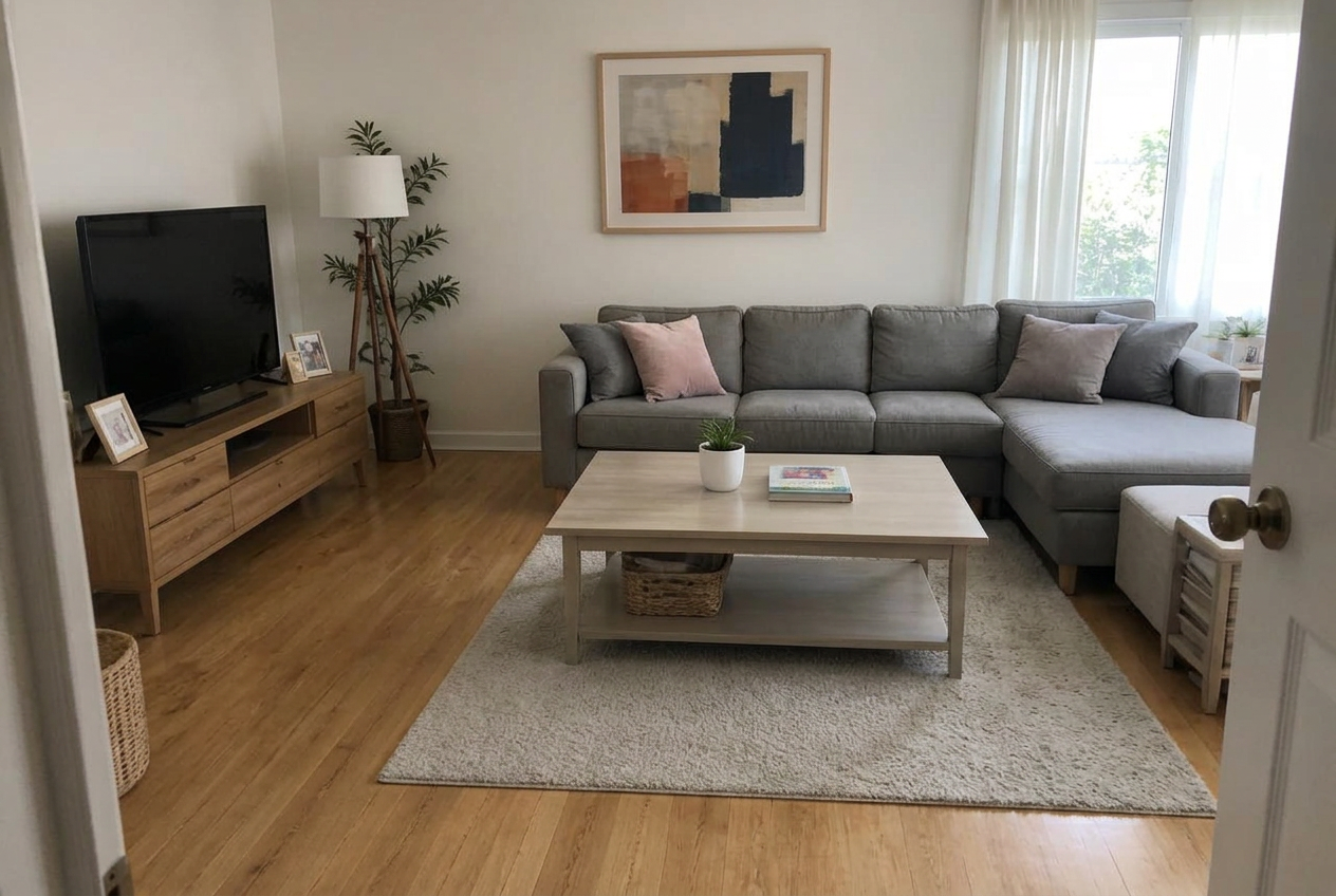 Living room after Rebecca's cleaning — same room, tidy, dusted and organized