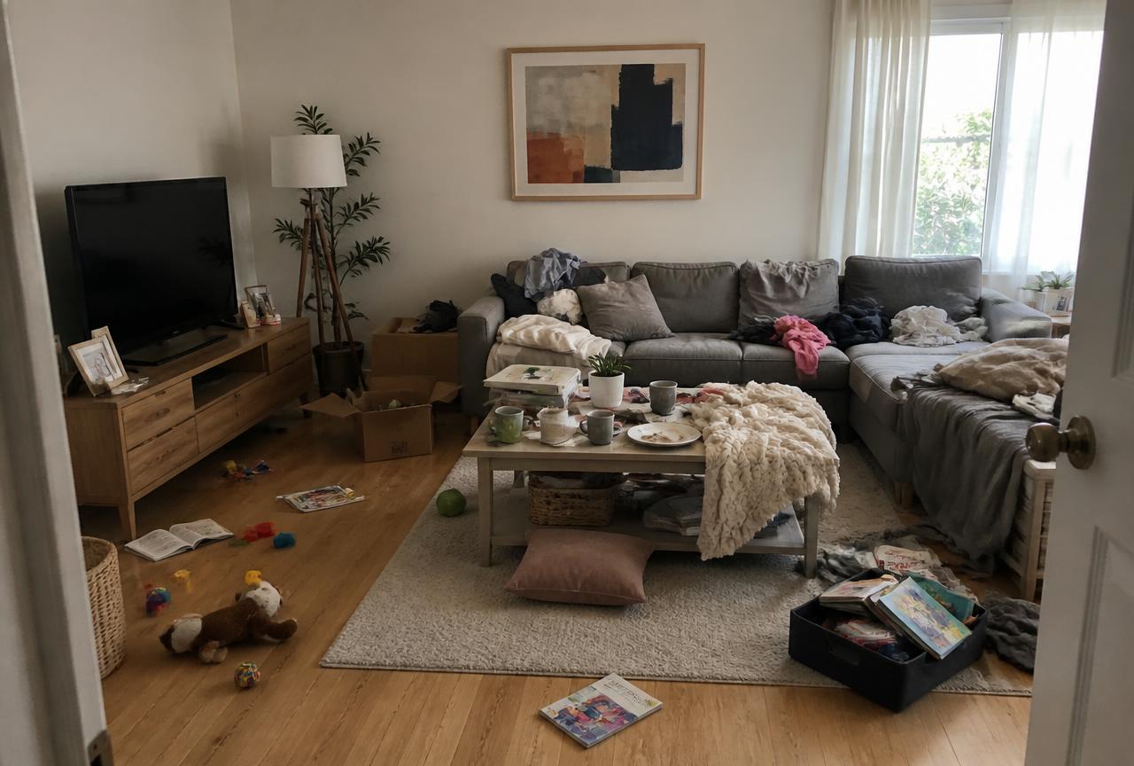 The same living room before cleaning — cluttered, dusty and disorganized