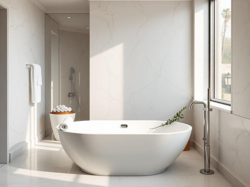 Spa-like bathroom with freestanding tub and fresh towels