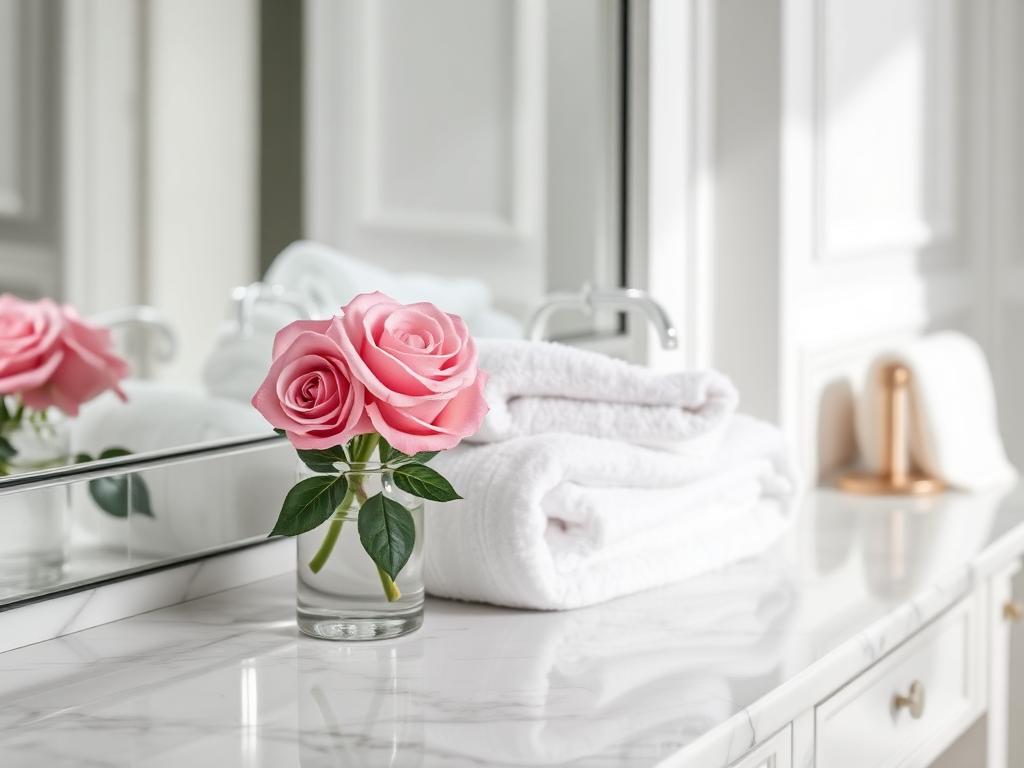 Folded towels and pink roses on a polished marble vanity