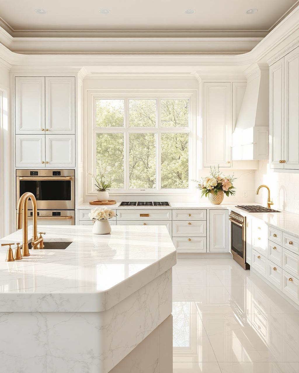 Immaculate luxury white kitchen with marble island
